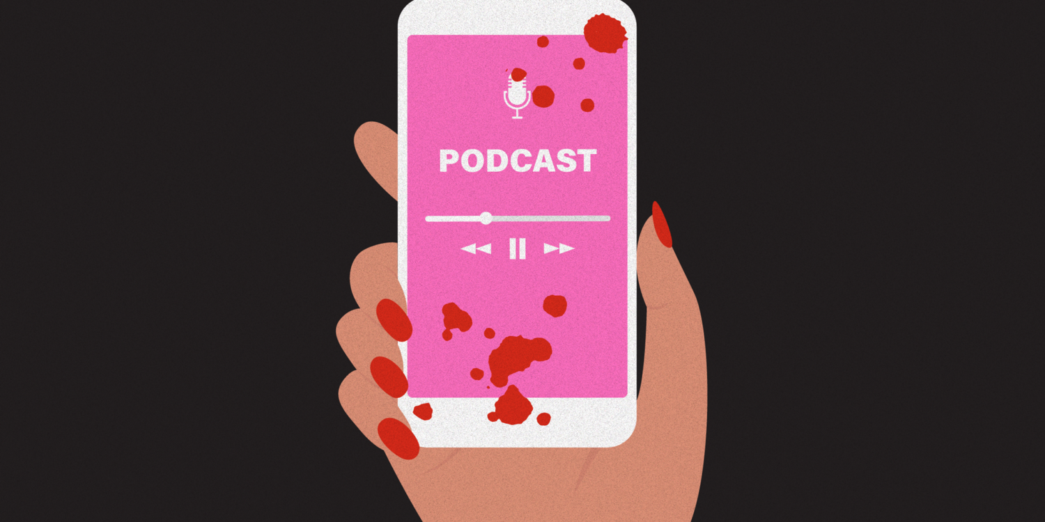 Vector image of hand holding up iPhone with "podcast" on screen