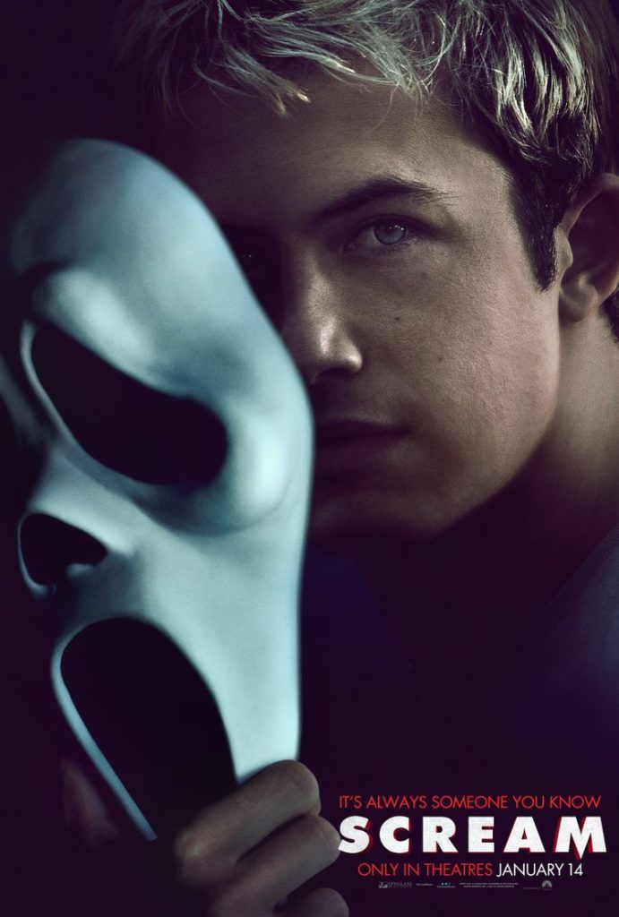 Scream 5 poster of Dylan Minnette's character holding Ghostface mask