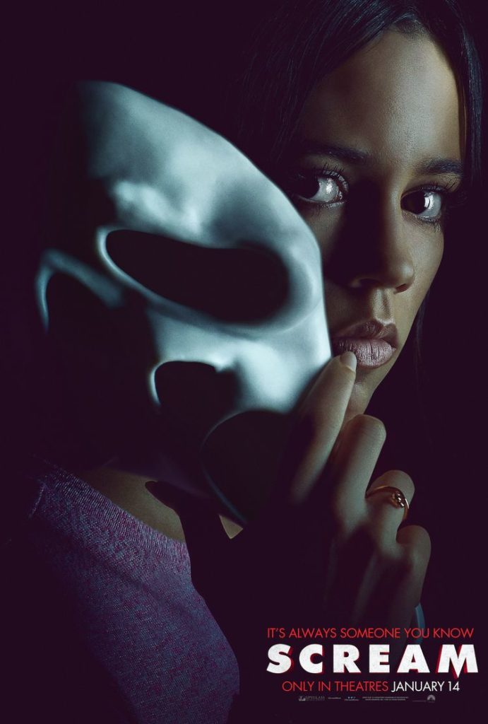 Scream 5 poster of Jenna Ortega's character holding Ghostface mask