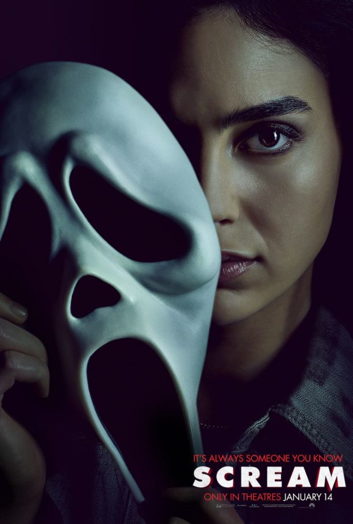 Scream 5 poster of Melissa Barrera's character holding Ghostface mask