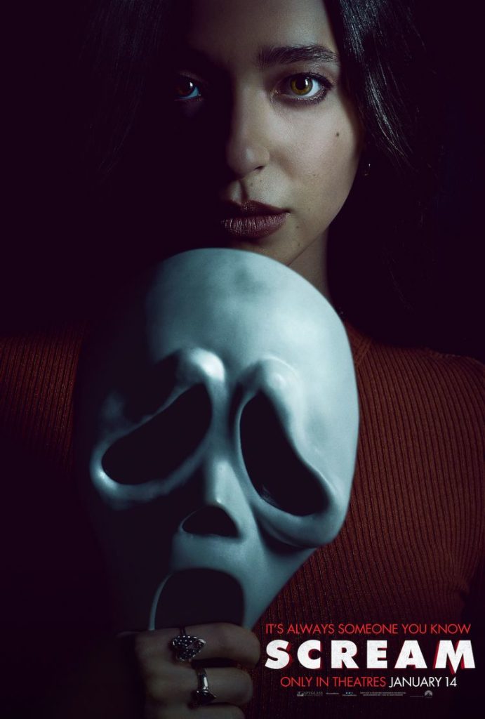 Scream 5 poster of Mikey Madison's character holding Ghostface mask